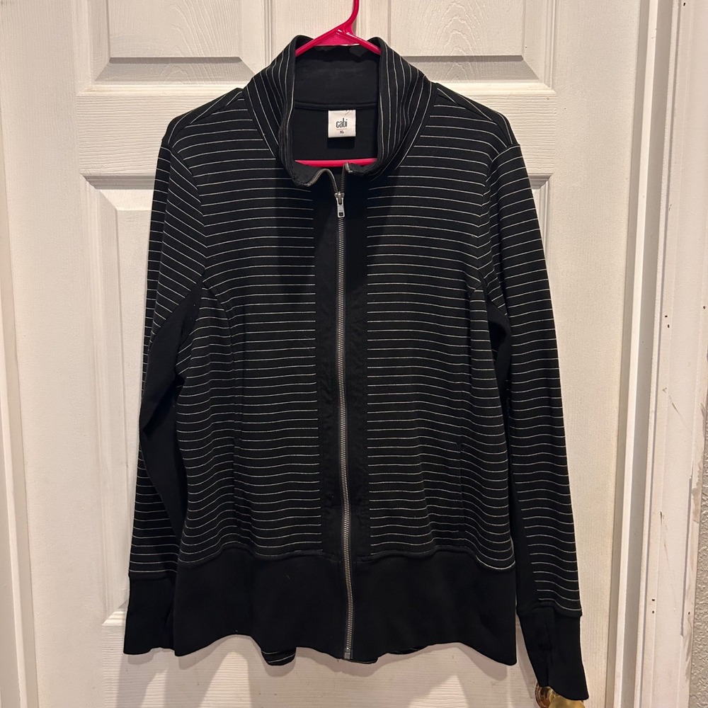 Cabi 3378 Sprint Jacket‎ XL Black White Striped Full Zip Mock Neck Jacket Sporty